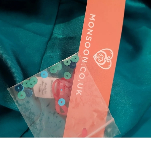 NEW MONSOON 100% Silk turquoise blue Puffball Dress Balloon Hem embellished 10uk - Picture 11 of 14